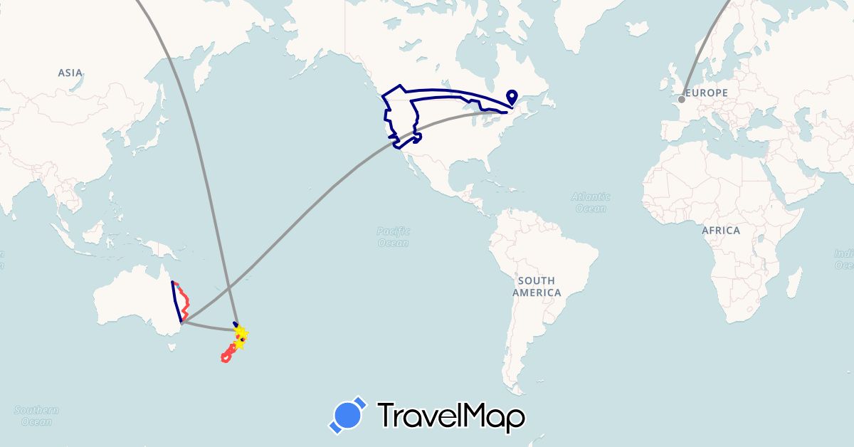 TravelMap itinerary: driving, plane, hiking, boat, avion à réaction in Australia, Canada, France, New Zealand, United States (Europe, North America, Oceania)